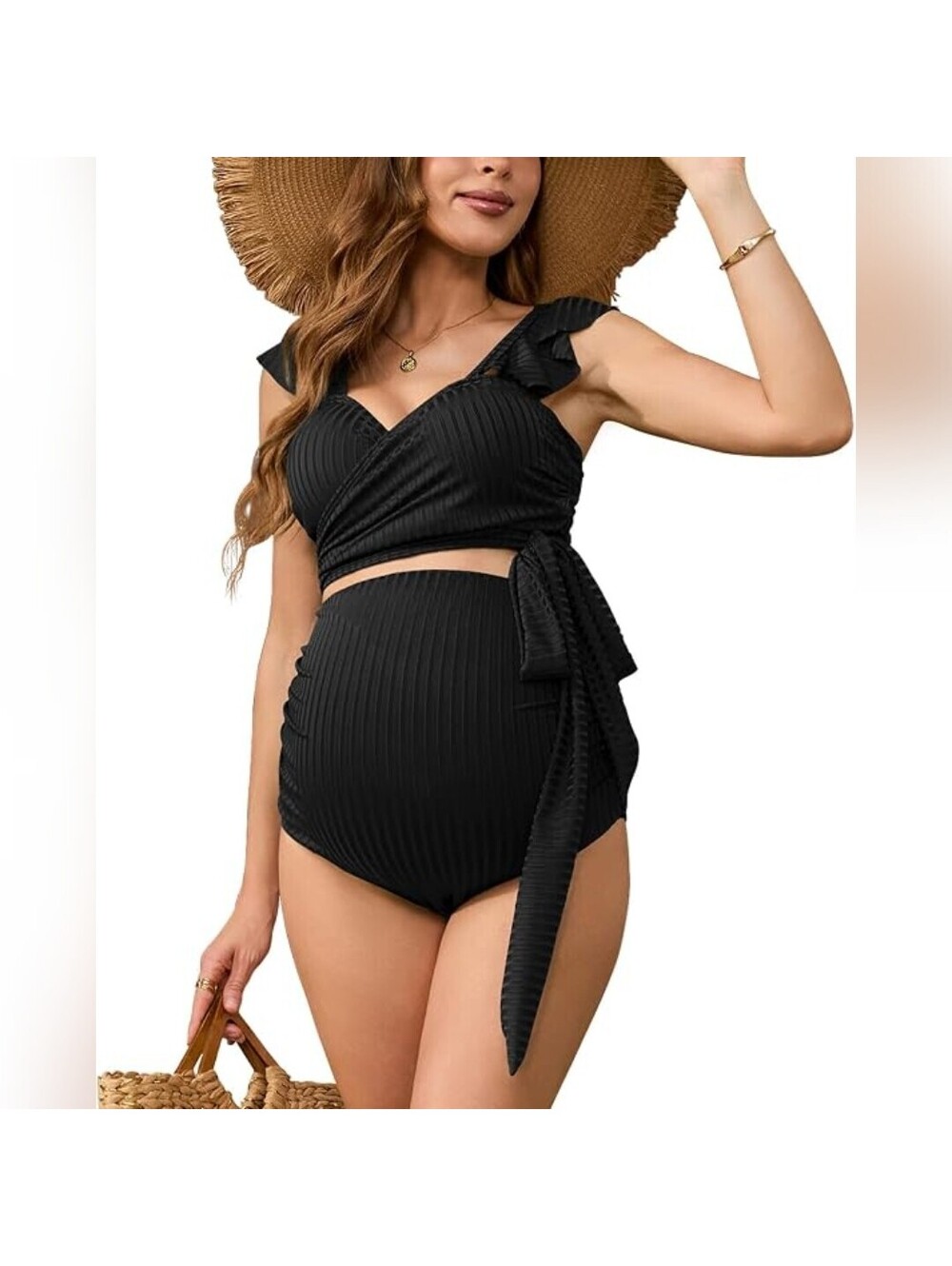 Black Maternity Ribbed Wrap Bikini Set